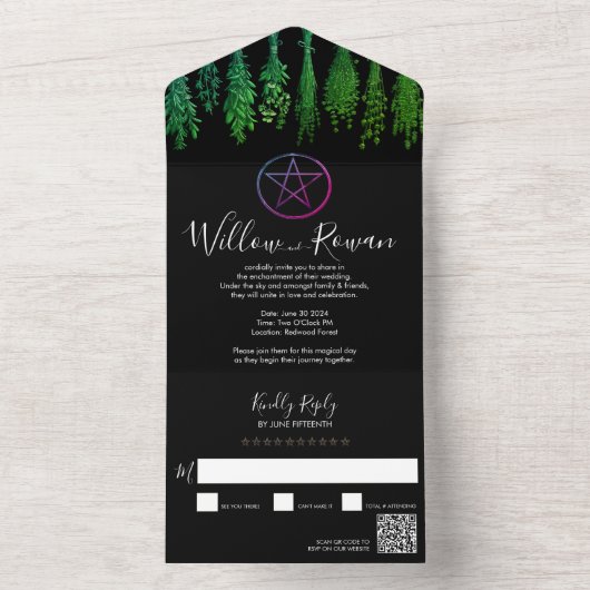Hexe Pagan Black Green All in One Wedite Einladung (Innen)