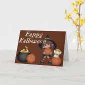 Hexe, Pumpkins, Katze & Cauldron Happy Halloween Karte (Gelbe Blume)