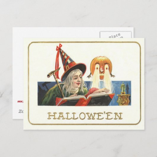 Hexe Reading Kürbislaterne Pumpkin Postkarte (Vorne/Hinten)