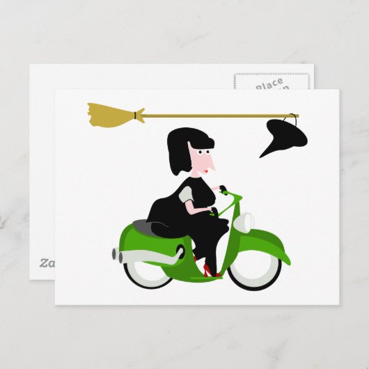 Hexe reiten grüne Moped Postkarte (Vorne/Hinten)