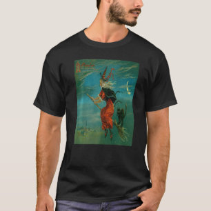Hexe reitet auf Besenstiel mit schwarzer Katze Vin T-Shirt