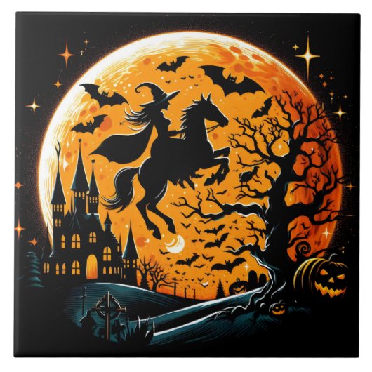 Hexe reitet auf einem Halloween-Mond Fliese (Vorderseite)