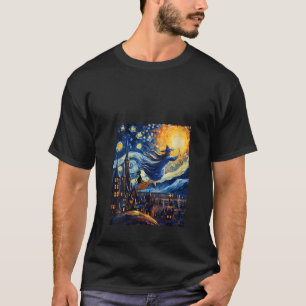 Hexe Riding Brooms Halloween Starry Night Van Gog T-Shirt