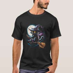 Hexe schwarze Katze auf einem Broomstick mit Vollm T-Shirt