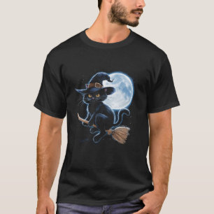 Hexe schwarze Katze auf einem Broomstick mit Vollm T-Shirt