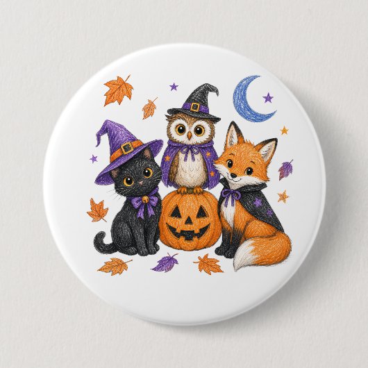 Hexe schwarze Katze Eule Fuchs Kürbis Kunst Button (Vorderseite)