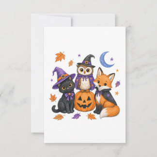 Hexe schwarze Katze Eule Fuchs Kürbis Kunst RSVP Karte