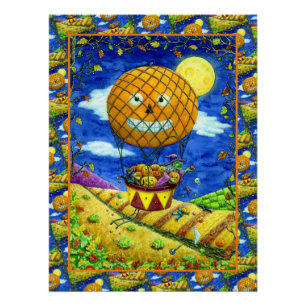 HEXE, SCHWARZE KATZE IN HEIßLUFTBALLON VOLKSKUNST POSTER