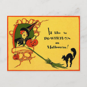 Hexe schwarze Katze Kürbis Vintage Halloween Postkarte