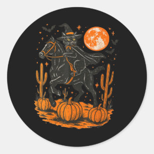 Hexe schwarze Katze reitet Pferd Halloween-Kürbis Runder Aufkleber
