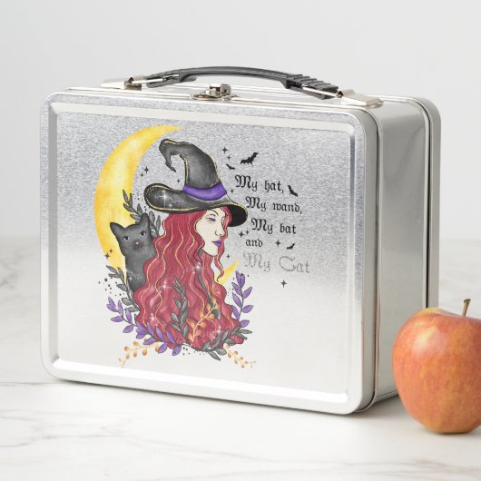 Hexe, Schwarze Katze und Halbmond Metall Brotdose (Beispiel)