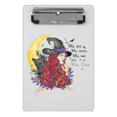 Hexe, Schwarze Katze und Halbmond Mini Klemmbrett (Vorderseite)