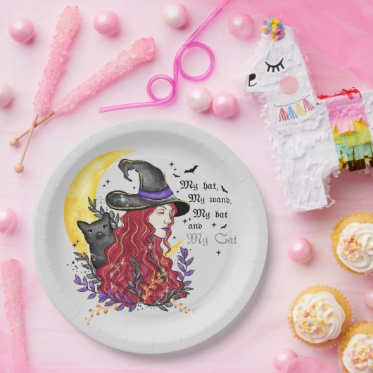 Hexe, Schwarze Katze und Halbmond Pappteller (Party)