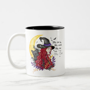 Hexe, Schwarze Katze und Halbmond Zweifarbige Tasse