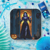 Hexe, Schwarze Katze und Jack-O-Laterne Halloween Pappteller (Party)
