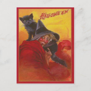 Hexe schwarze Katze Vintage Halloween Postkarte