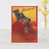 Hexe-schwarze Katze Vintages Halloween Karte (Gelbe Blume)
