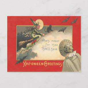 Hexe Schwarze Katze Vollmond Fledermaus Baum Frau Postkarte