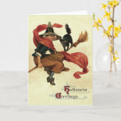 Hexe-schwarze Katzen-Besen Karte (Gelbe Blume)