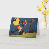 Hexe-schwarze Katzen-Fliegen-Mond-Krähe Karte (Gelbe Blume)