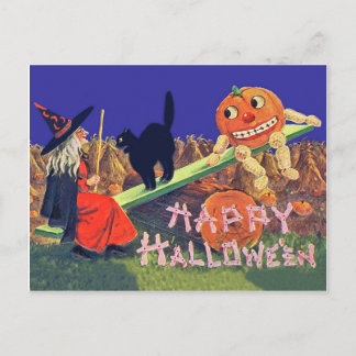 Hexe spielt mit Kürbissen in der Halloween-Nacht Postkarte