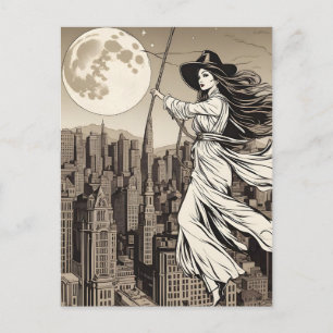 Hexe über der Stadt bei Vollmond, Halloween Postkarte