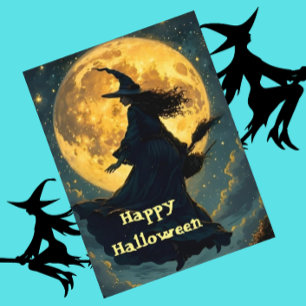 Hexe über Vollmond-Halloween-Postkarte fliegen Postkarte