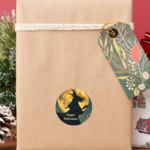 Hexe über Vollmond-Halloween-Postkarte fliegen Runder Aufkleber