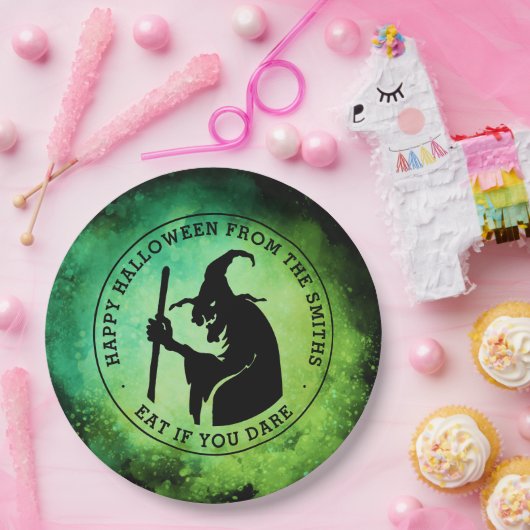 Hexe und benutzerdefinierter Text grün schwarz Hal Pappteller (Party)