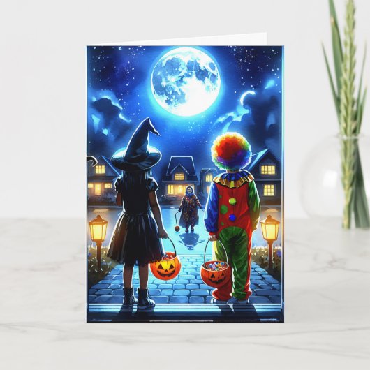 Hexe und Clown, die ein Monster Halloween anschaue Karte (Vorderseite)