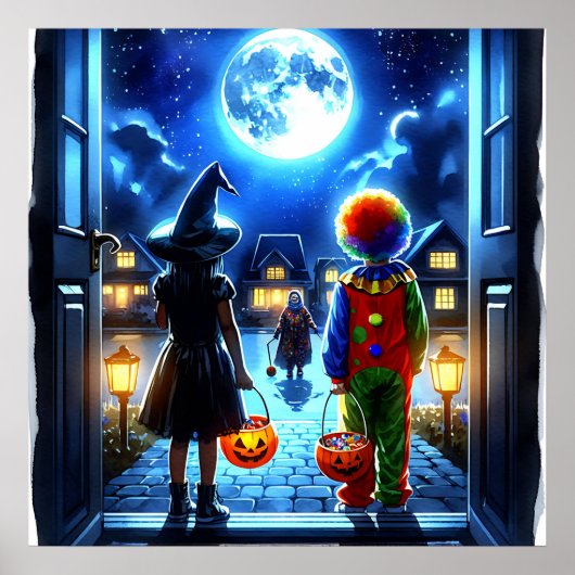 Hexe und Clown, die ein Monster Halloween anschaue Poster (Vorne)