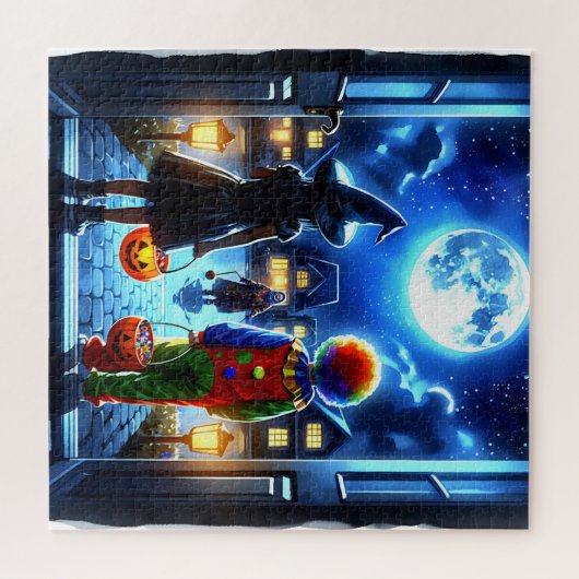 Hexe und Clown, die ein Monster Halloween anschaue Puzzle (Horizontal)