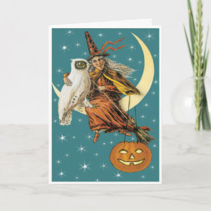 Hexe und Eule auf dem Mond Vintage-Karte Karte