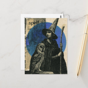 Hexe und Eule Retro-Zauber-Collage Postkarte