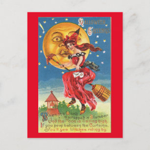 Hexe und ihr Besenstiel Halloween Vintage Postkarte
