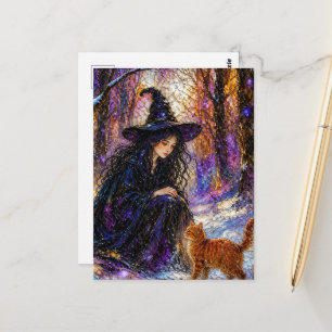 Hexe und ihr Ingwerkätzchen in den Winterwäldern Postkarte