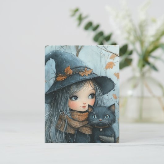 Hexe und ihre Katze im Winter Postkarte (Stehend Vorderseite)