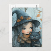 Hexe und ihre Katze im Winter Postkarte (Vorne/Hinten)