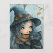 Hexe und ihre Katze im Winter Postkarte (Vorderseite)
