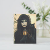 Hexe und ihre schwarze Katze Postkarte (Stehend Vorderseite)