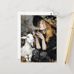 Hexe und ihre Ziege trinken Morgenkaffee Postkarte