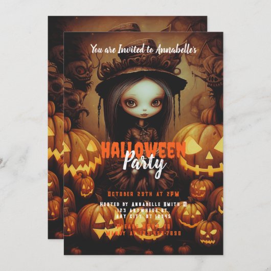Hexe und Jack-O' Lanterns-Halloween-Party Einladung (Vorne/Hinten)