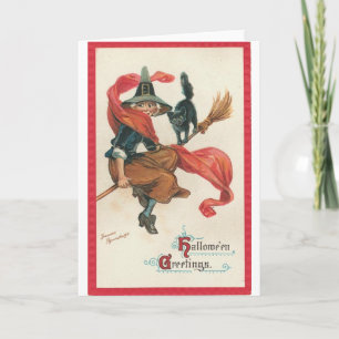 Hexe und Katze auf Broomstick Karte