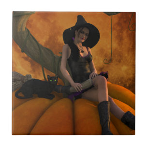 Hexe und Katze auf Giant Pumpkin Fliese