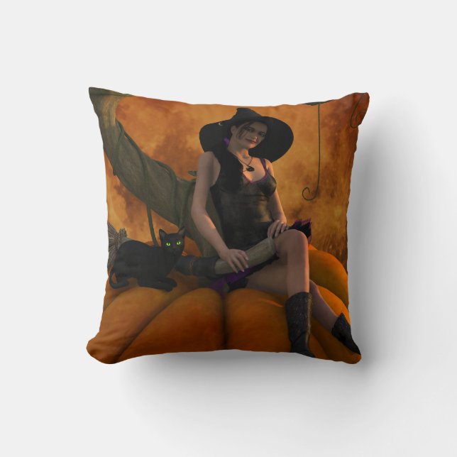 Hexe und Katze auf Giant Pumpkin Kissen (Vorderseite)
