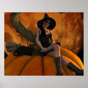 Hexe und Katze auf Giant Pumpkin Poster
