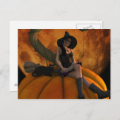 Hexe und Katze auf Giant Pumpkin Postkarte (Vorne/Hinten)