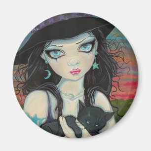 Hexe und Katze Halloween Fantasy Kunst Peekaboo Magnet