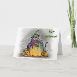 Hexe und Katze, Happy Halloween! Karte