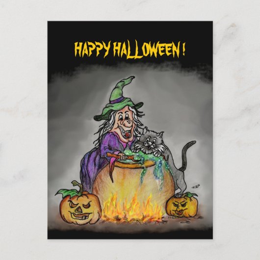Hexe und Katze, Happy Halloween! Postkarte (Vorderseite)